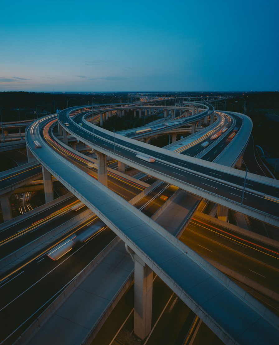 An aerial view of a highway interchange